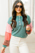 Button Henley Patchwork Textured Knit Balloon Sleeve Top Longline Casual